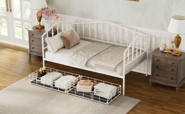 English Elm Twin Metal Daybed with Adjustable Folding Trundle for Guest Rooms and Studio Apartments White With 2 Drawers N708P395931K