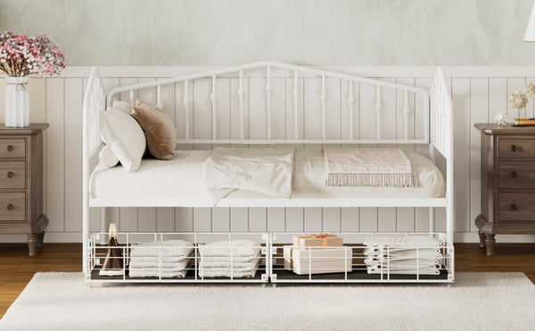 English Elm Twin Metal Daybed with Adjustable Folding Trundle for Guest Rooms and Studio Apartments White With 2 Drawers N708P395931K