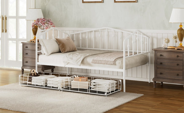 English Elm Twin Metal Daybed with Adjustable Folding Trundle for Guest Rooms and Studio Apartments White With 2 Drawers N708P395931K