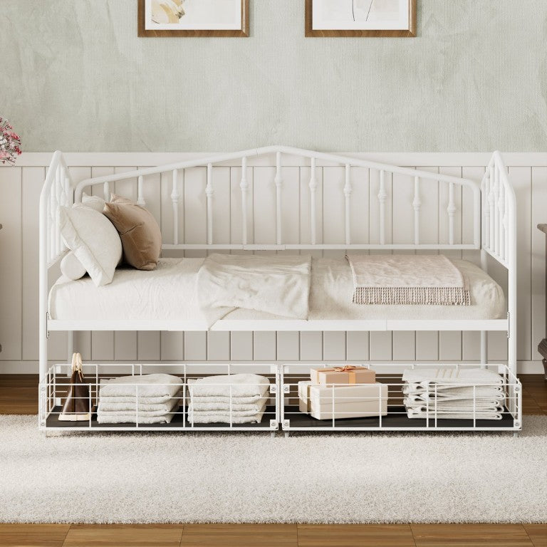 English Elm Twin Metal Daybed with Adjustable Folding Trundle for Guest Rooms and Studio Apartments White With 2 Drawers N708P395931K