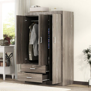 English Elm 3-Door Wardrobe with Lockable Drawer Hanging Rail and Shelving in Wood Grain Finish N708P404412E