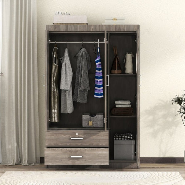 English Elm 3-Door Wardrobe with Lockable Drawer Hanging Rail and Shelving in Wood Grain Finish N708P404412E