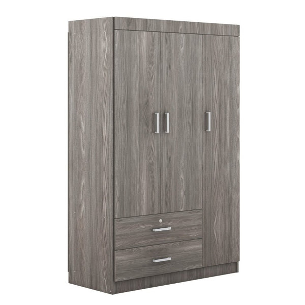 English Elm 3-Door Wardrobe with Lockable Drawer Hanging Rail and Shelving in Wood Grain Finish N708P404412E
