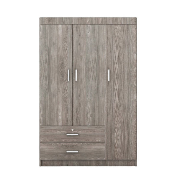 English Elm 3-Door Wardrobe with Lockable Drawer Hanging Rail and Shelving in Wood Grain Finish N708P404412E