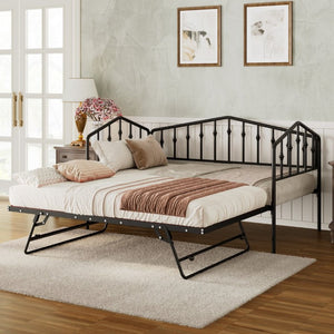 English Elm Twin Metal Daybed with Adjustable Folding Trundle for Guest Rooms and Studio Apartments Black With Trundle N708P415474B