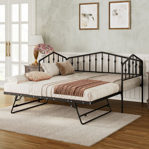 English Elm Twin Metal Daybed with Adjustable Folding Trundle for Guest Rooms and Studio Apartments Black With Trundle N708P415474B