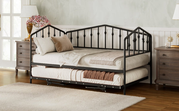 English Elm Twin Metal Daybed with Adjustable Folding Trundle for Guest Rooms and Studio Apartments Black With Trundle N708P415474B
