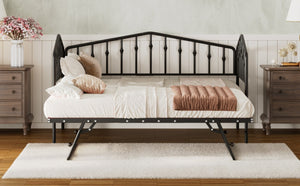 English Elm Twin Metal Daybed with Adjustable Folding Trundle for Guest Rooms and Studio Apartments Black With Trundle N708P415474B