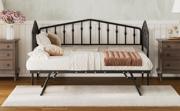 English Elm Twin Metal Daybed with Adjustable Folding Trundle for Guest Rooms and Studio Apartments Black With Trundle N708P415474B