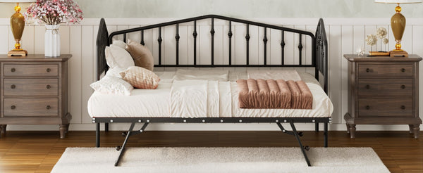 English Elm Twin Metal Daybed with Adjustable Folding Trundle for Guest Rooms and Studio Apartments Black With Trundle N708P415474B