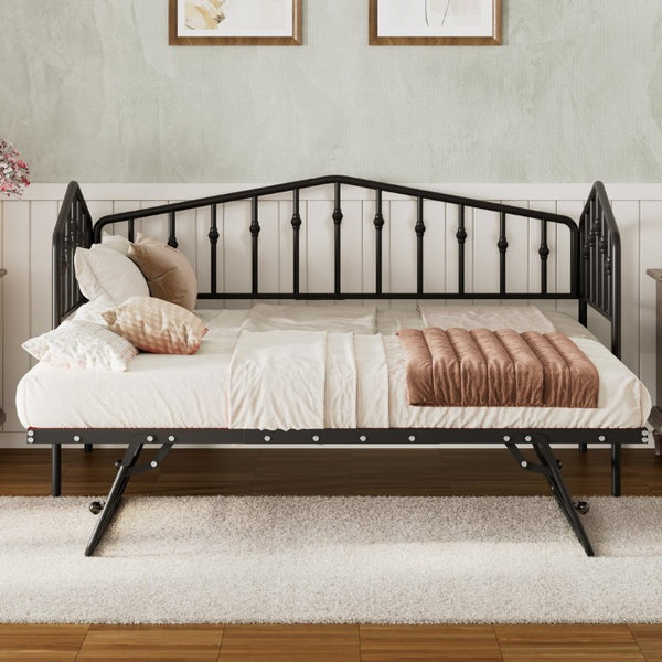 English Elm Twin Metal Daybed with Adjustable Folding Trundle for Guest Rooms and Studio Apartments Black With Trundle N708P415474B