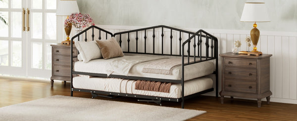 English Elm Twin Metal Daybed with Adjustable Folding Trundle for Guest Rooms and Studio Apartments Black With Trundle N708P415474B