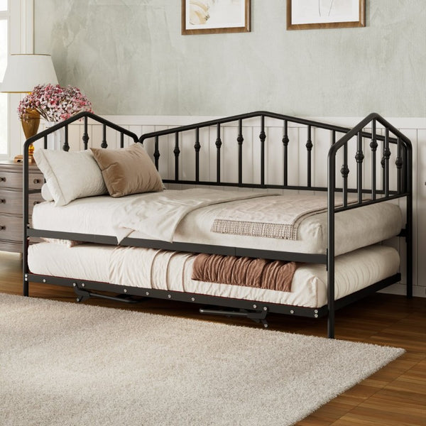 English Elm Twin Metal Daybed with Adjustable Folding Trundle for Guest Rooms and Studio Apartments Black With Trundle N708P415474B
