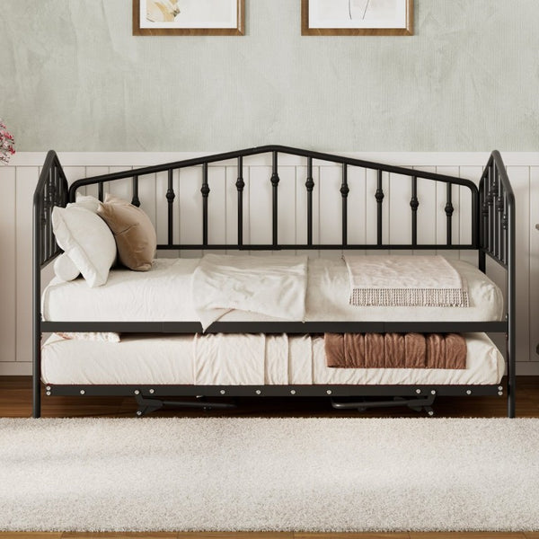 English Elm Twin Metal Daybed with Adjustable Folding Trundle for Guest Rooms and Studio Apartments Black With Trundle N708P415474B