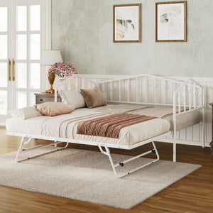 English Elm Twin Metal Daybed with Adjustable Folding Trundle for Guest Rooms and Studio Apartments White With Trundle N708P415474K