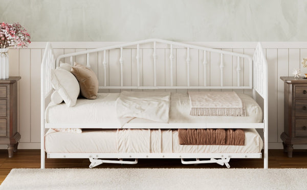 English Elm Twin Metal Daybed with Adjustable Folding Trundle for Guest Rooms and Studio Apartments White With Trundle N708P415474K
