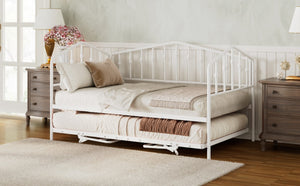 English Elm Twin Metal Daybed with Adjustable Folding Trundle for Guest Rooms and Studio Apartments White With Trundle N708P415474K
