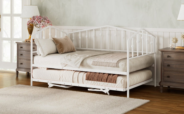 English Elm Twin Metal Daybed with Adjustable Folding Trundle for Guest Rooms and Studio Apartments White With Trundle N708P415474K