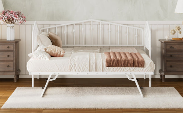 English Elm Twin Metal Daybed with Adjustable Folding Trundle for Guest Rooms and Studio Apartments White With Trundle N708P415474K