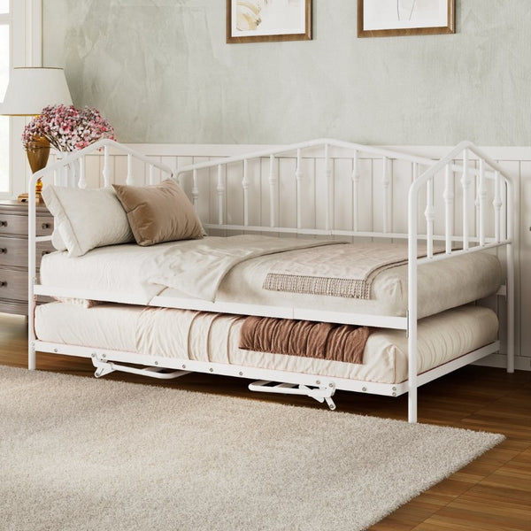 English Elm Twin Metal Daybed with Adjustable Folding Trundle for Guest Rooms and Studio Apartments White With Trundle N708P415474K