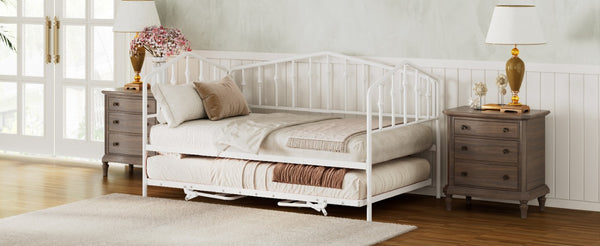 English Elm Twin Metal Daybed with Adjustable Folding Trundle for Guest Rooms and Studio Apartments White With Trundle N708P415474K