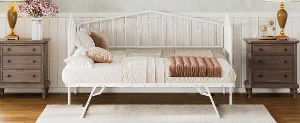 English Elm Twin Metal Daybed with Adjustable Folding Trundle for Guest Rooms and Studio Apartments White With Trundle N708P415474K