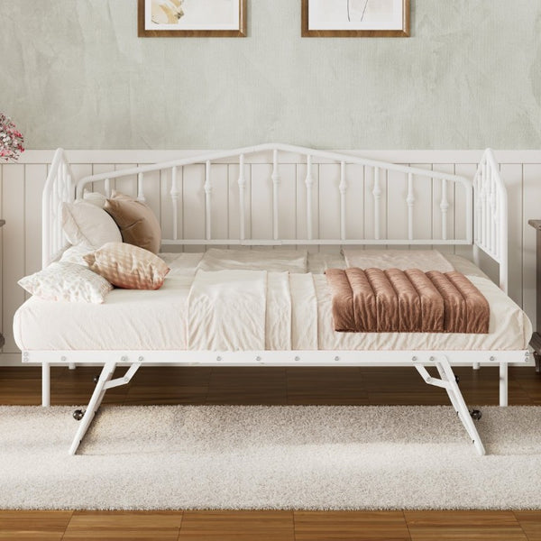 English Elm Twin Metal Daybed with Adjustable Folding Trundle for Guest Rooms and Studio Apartments White With Trundle N708P415474K