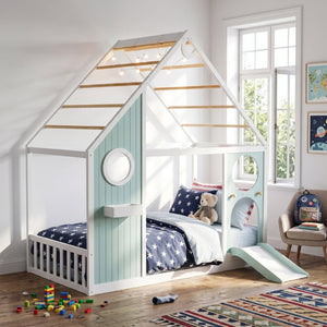 English Elm Twin Playhouse Platform Bed with Built-In Slide LED Lights and Velvet Front Panel Blue N708P437072C