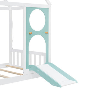 English Elm Twin Playhouse Platform Bed with Built-In Slide LED Lights and Velvet Front Panel Blue N708P437072C