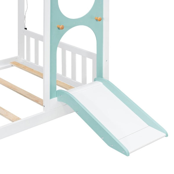 English Elm Twin Playhouse Platform Bed with Built-In Slide LED Lights and Velvet Front Panel Blue N708P437072C