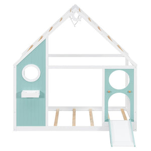 English Elm Twin Playhouse Platform Bed with Built-In Slide LED Lights and Velvet Front Panel Blue N708P437072C