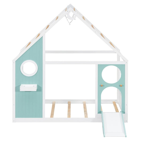 English Elm Twin Playhouse Platform Bed with Built-In Slide LED Lights and Velvet Front Panel Blue N708P437072C