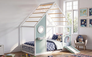 English Elm Twin Playhouse Platform Bed with Built-In Slide LED Lights and Velvet Front Panel Blue N708P437072C
