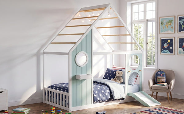 English Elm Twin Playhouse Platform Bed with Built-In Slide LED Lights and Velvet Front Panel Blue N708P437072C