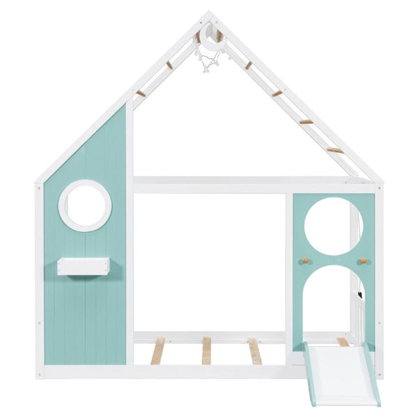 English Elm Twin Playhouse Platform Bed with Built-In Slide LED Lights and Velvet Front Panel Blue N708P437072C