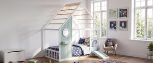 English Elm Twin Playhouse Platform Bed with Built-In Slide LED Lights and Velvet Front Panel Blue N708P437072C