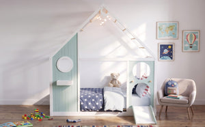 English Elm Twin Playhouse Platform Bed with Built-In Slide LED Lights and Velvet Front Panel Blue N708P437072C