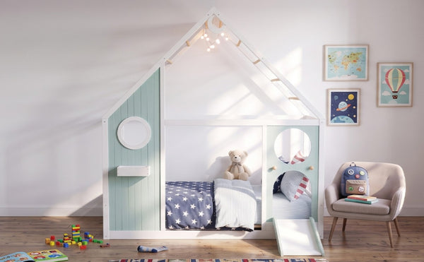 English Elm Twin Playhouse Platform Bed with Built-In Slide LED Lights and Velvet Front Panel Blue N708P437072C