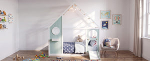 English Elm Twin Playhouse Platform Bed with Built-In Slide LED Lights and Velvet Front Panel Blue N708P437072C