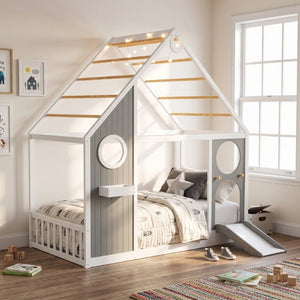 English Elm Twin Playhouse Platform Bed with Built-In Slide LED Lights and Velvet Front Panel Gray N708P437072E