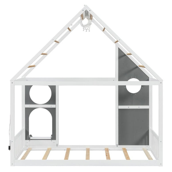 English Elm Twin Playhouse Platform Bed with Built-In Slide LED Lights and Velvet Front Panel Gray N708P437072E