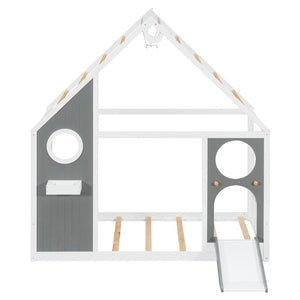 English Elm Twin Playhouse Platform Bed with Built-In Slide LED Lights and Velvet Front Panel Gray N708P437072E