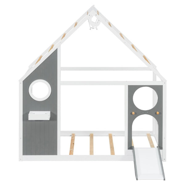 English Elm Twin Playhouse Platform Bed with Built-In Slide LED Lights and Velvet Front Panel Gray N708P437072E
