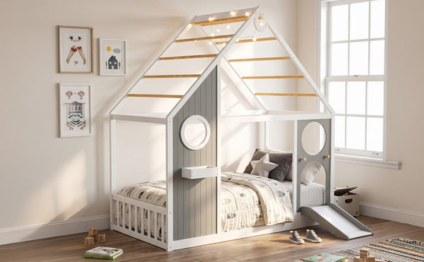English Elm Twin Playhouse Platform Bed with Built-In Slide LED Lights and Velvet Front Panel Gray N708P437072E