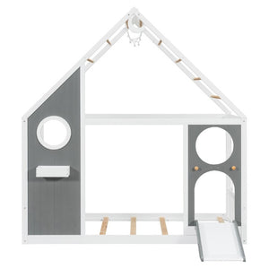 English Elm Twin Playhouse Platform Bed with Built-In Slide LED Lights and Velvet Front Panel Gray N708P437072E