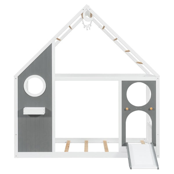 English Elm Twin Playhouse Platform Bed with Built-In Slide LED Lights and Velvet Front Panel Gray N708P437072E