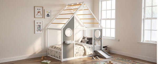 English Elm Twin Playhouse Platform Bed with Built-In Slide LED Lights and Velvet Front Panel Gray N708P437072E