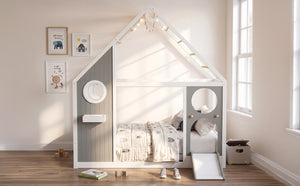 English Elm Twin Playhouse Platform Bed with Built-In Slide LED Lights and Velvet Front Panel Gray N708P437072E
