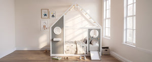 English Elm Twin Playhouse Platform Bed with Built-In Slide LED Lights and Velvet Front Panel Gray N708P437072E