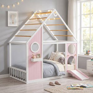 English Elm Twin Playhouse Platform Bed with Built-In Slide LED Lights and Velvet Front Panel Pink N708P437072H